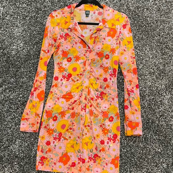 Wild Fable Long Sleeve Button-Front retro floral Knit Bodycon ruched dress - Picture 4 of 5